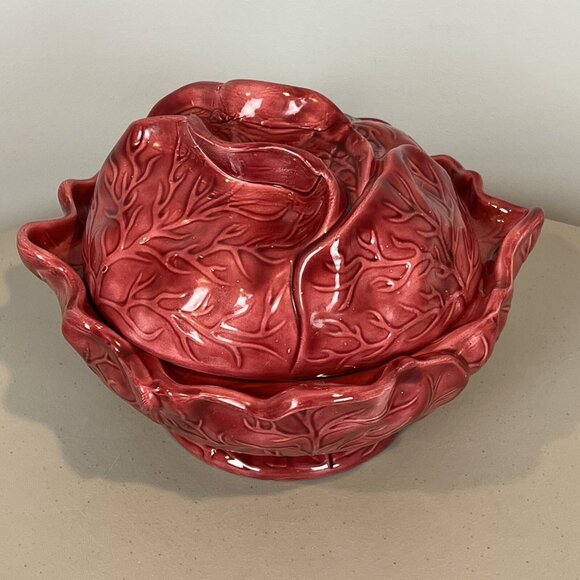 Red Cabbage Lettuce Tureen Casserole Dish Decor with Lid Pottery - Picture 1 of 15